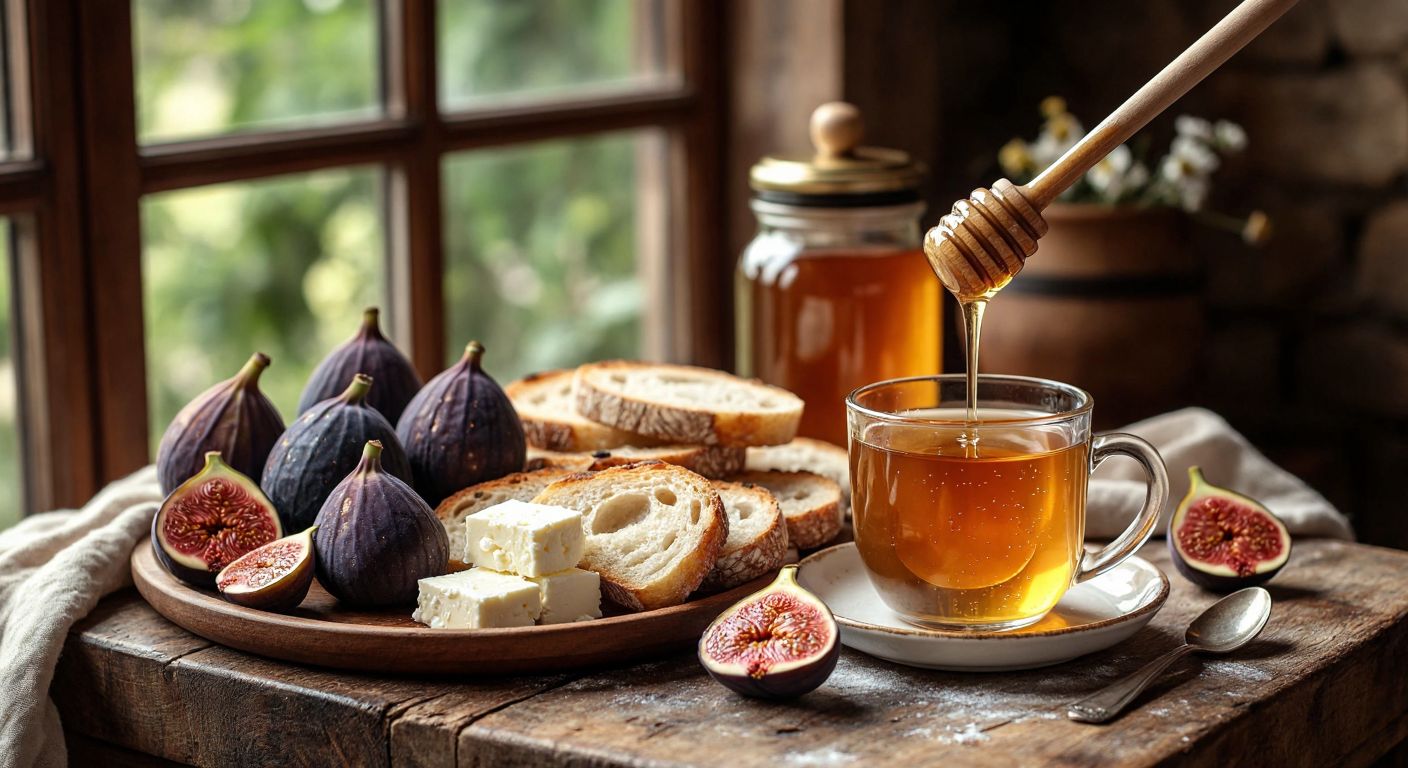 A golden honey jar with a wooden dipper sits beside a rustic breakfast spread in Turkey, featuring warm bread, white cheese, fresh figs, and a steaming cup of tea with honey drizzling into it.