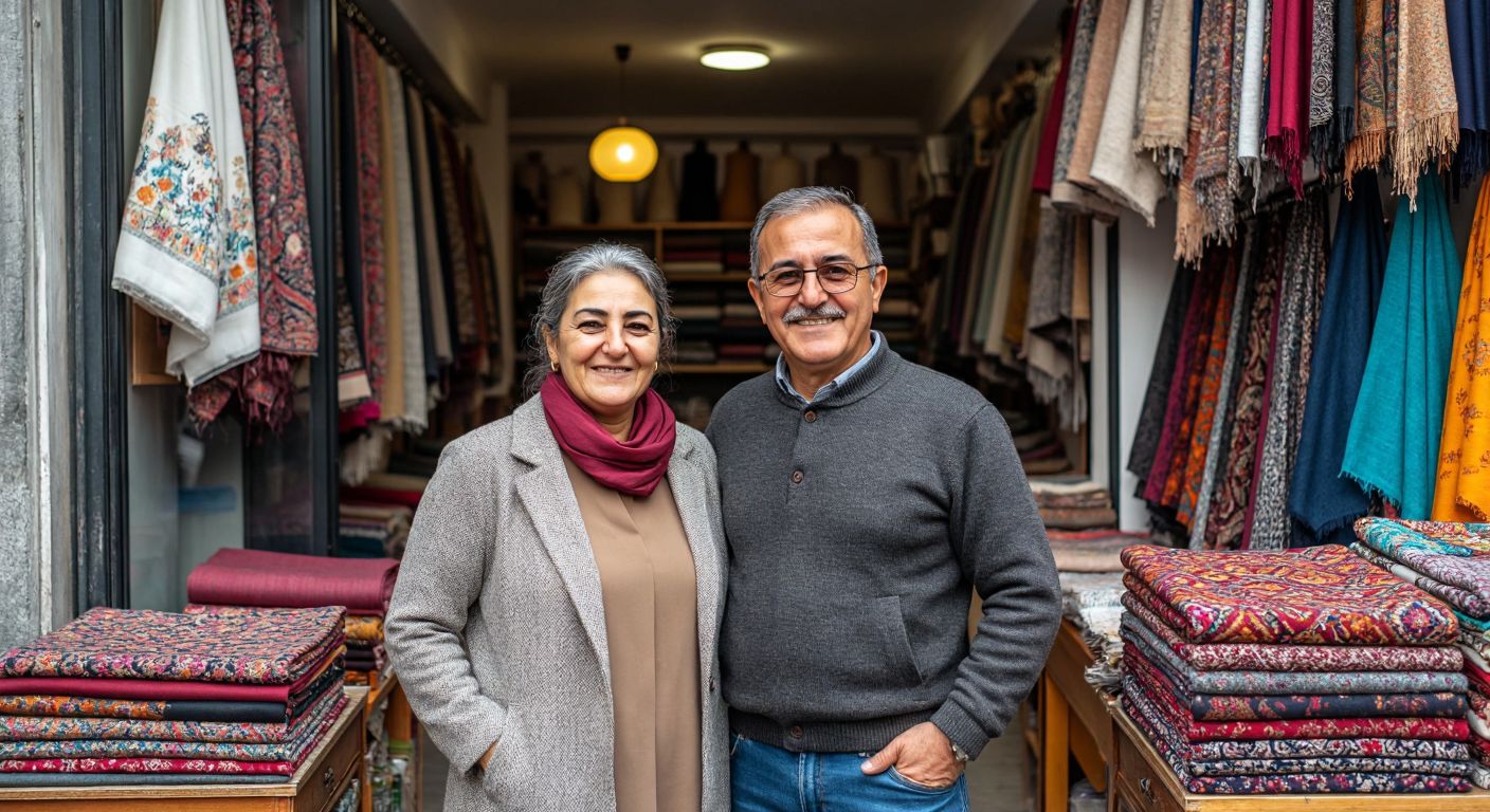 A middle-aged Turkish couple, dressed in stylish casual clothing, stands proudly in front of a small fabric shop in Istanbul, surrounded by colorful textiles and smiling warmly.