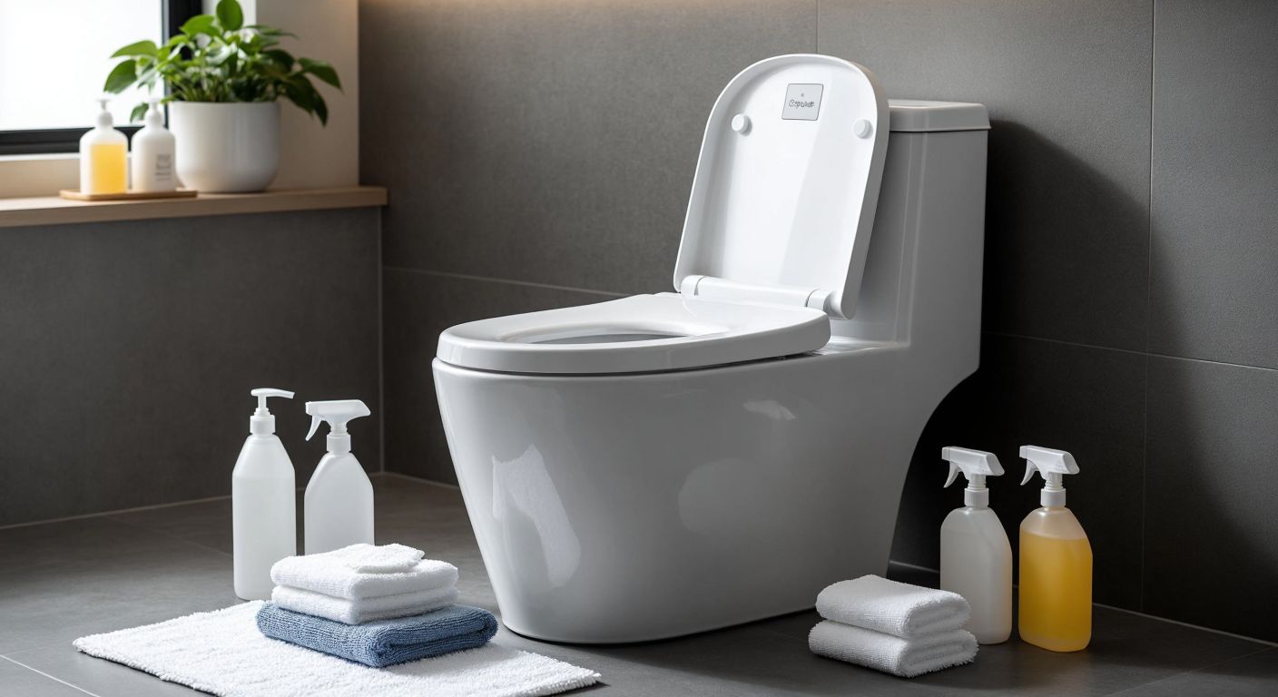 A sleek, high-tech Japanese toilet with a control panel, surrounded by neatly arranged cleaning supplies like spray bottles and microfiber cloths, in a spotless, minimalist bathroom with soft lighting.