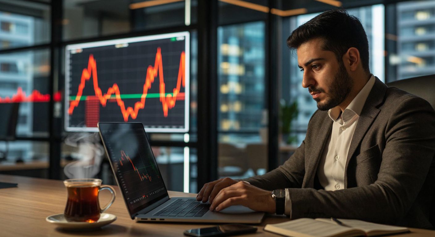 A focused Turkish professional in a modern office gazes at a glowing laptop screen displaying colorful financial charts, with a steaming cup of Turkish coffee beside them.