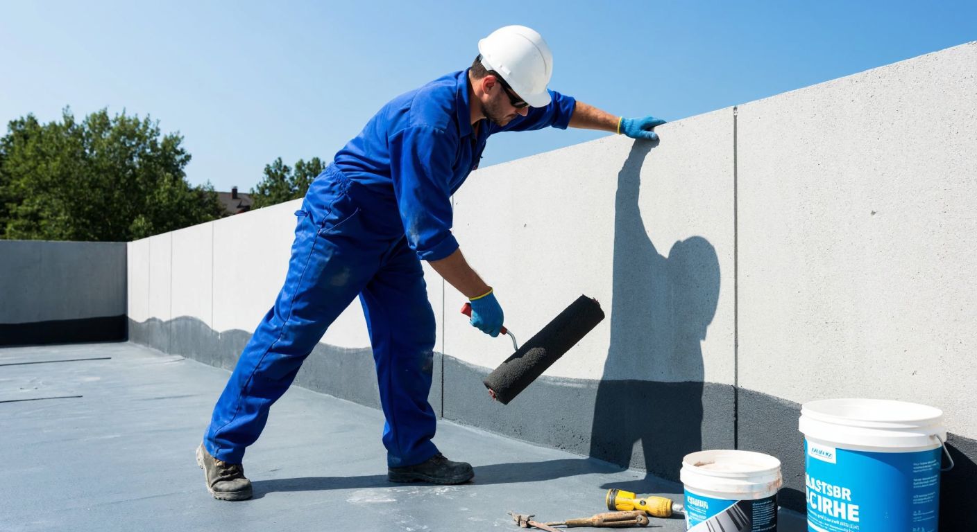 A construction worker in a blue jumpsuit carefully applies gray waterproofing material with a roller onto a clean concrete wall under a clear sky, with tools and a bucket of Elastikor nearby.