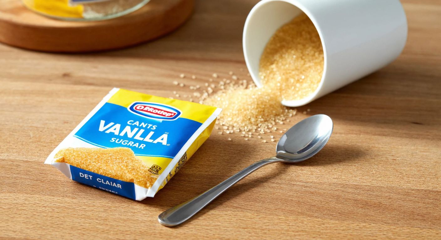 A small paper packet of Dr. Oetker vanilla sugar rests on a wooden kitchen counter beside a teaspoon, with golden sugar granules spilling slightly onto the surface.