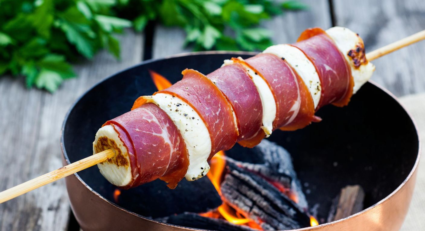 A skewer of grilled goat cheese wrapped in thin slices of pastırma, sizzling over glowing embers, with a rustic wooden table and fresh herbs in the background.