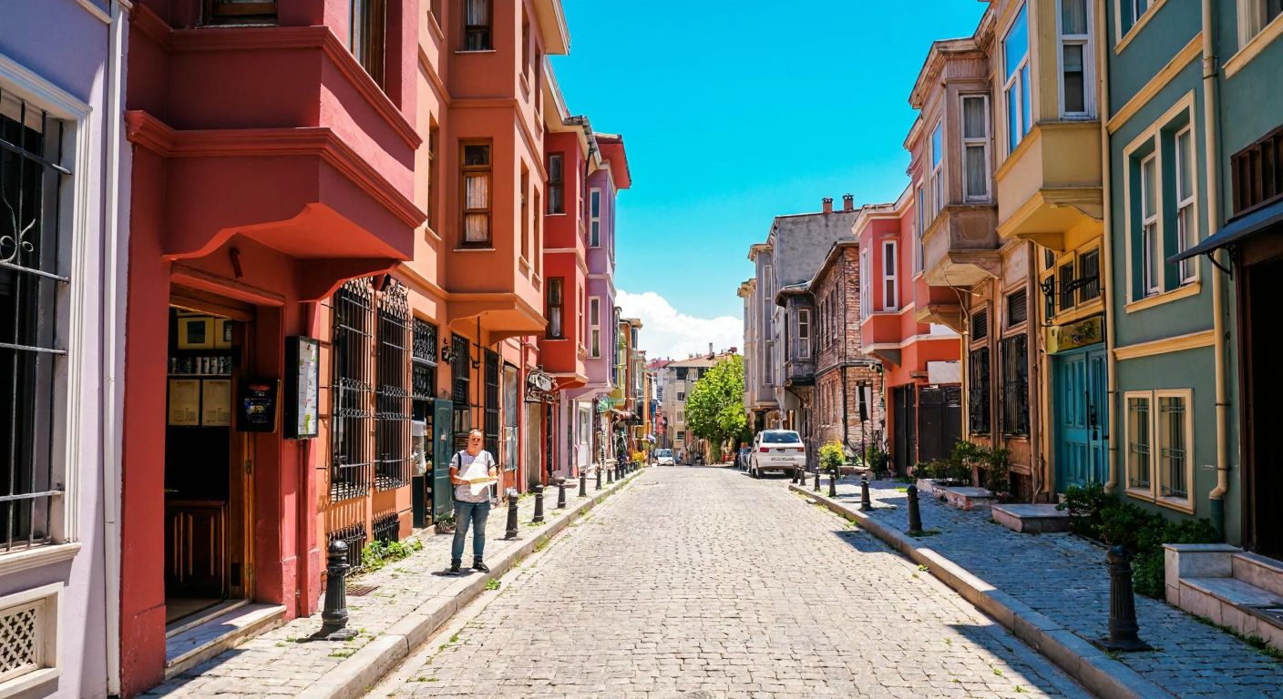 A narrow cobblestone street in Istanbul's historic Balat district, lined with colorful Ottoman-era houses and small local shops, with a disappointed tourist looking at a map under a bright blue sky.