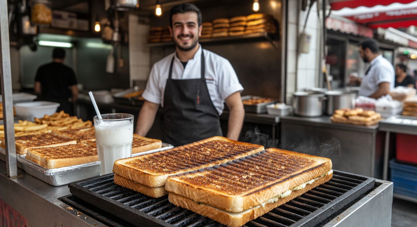 A bustling Turkish street food stall with a golden-brown tost sizzling on a grill, a frothy glass of cool ayran beside it, and a vendor in a white apron smiling as customers enjoy the classic pairing.