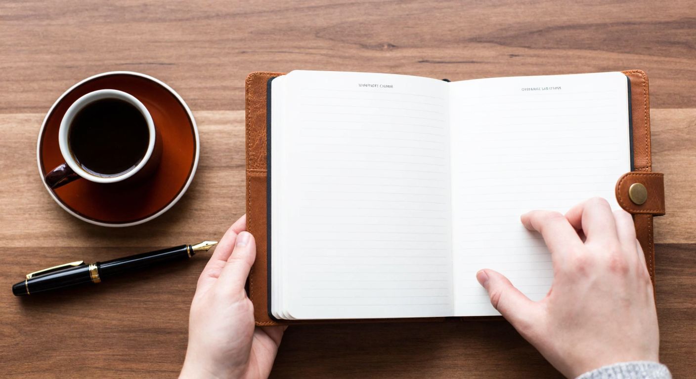 A hand holding a leather-bound, undated planner open to a blank page, with a steaming cup of Turkish coffee and a fountain pen beside it on a wooden table, evoking creativity and flexible planning.