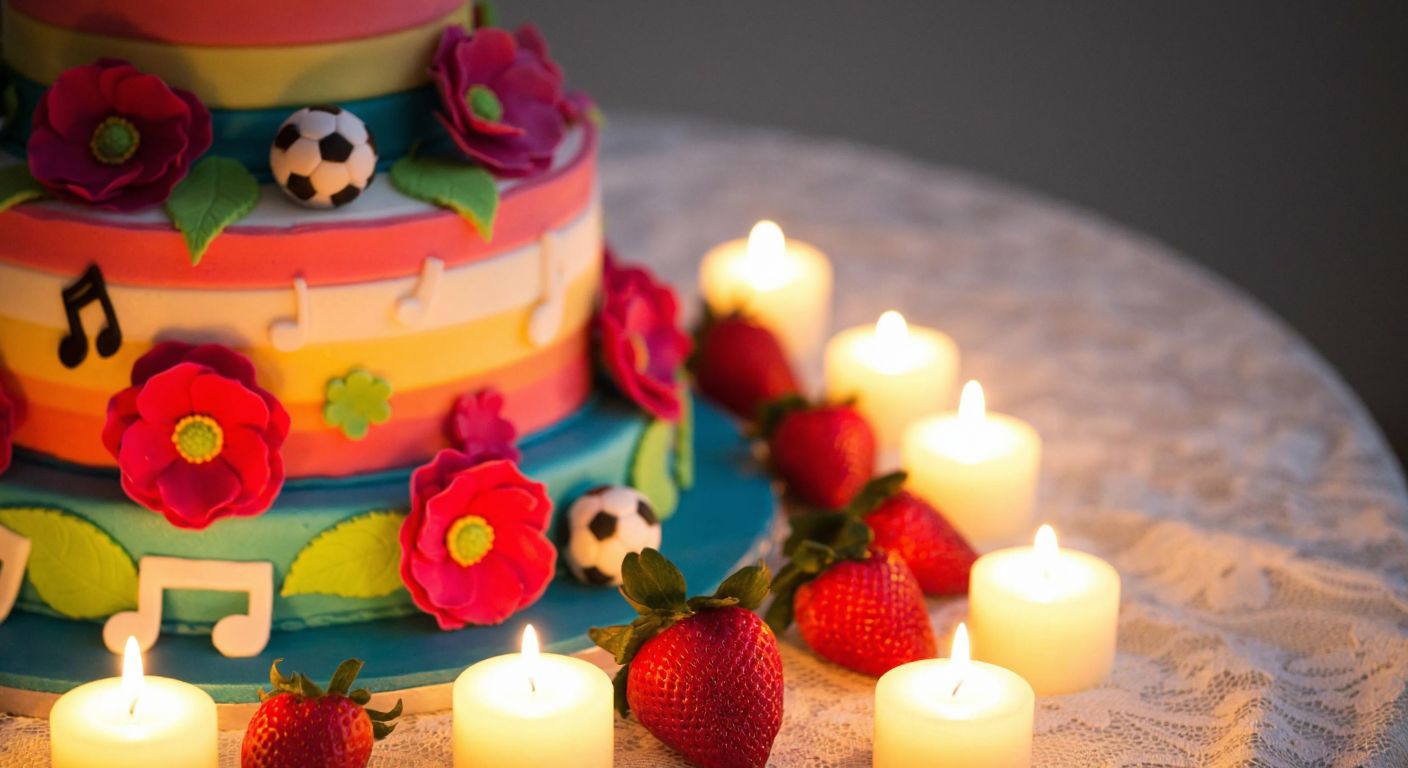 A vibrant, multi-tiered birthday cake adorned with colorful sugar flowers, edible musical notes, and tiny soccer balls, sitting on a lace-covered table surrounded by glowing candles and fresh strawberries.