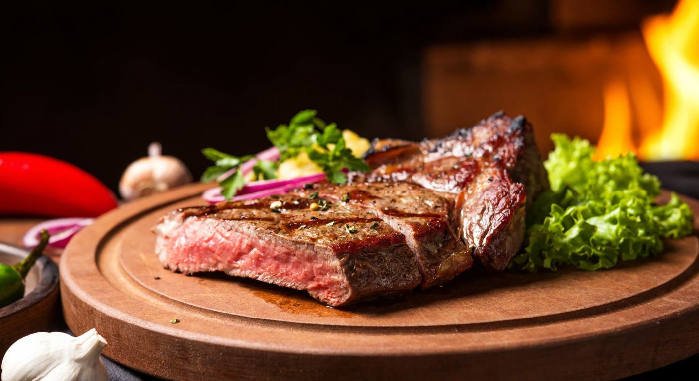 A succulent, tender slice of grilled küşleme meat on a rustic wooden plate, garnished with fresh herbs, surrounded by vibrant vegetables and a warm, golden glow from a nearby fire.