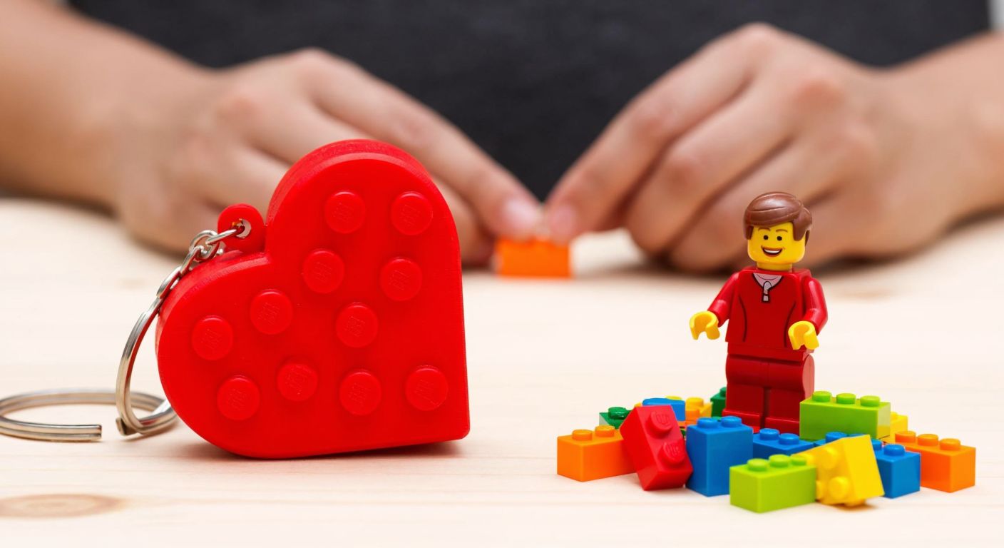 A vibrant red 3D-printed Lego heart keychain rests on a wooden table next to a small pile of colorful Lego bricks and a smiling minifigure, with hands crafting a handmade keychain from dough in the background.