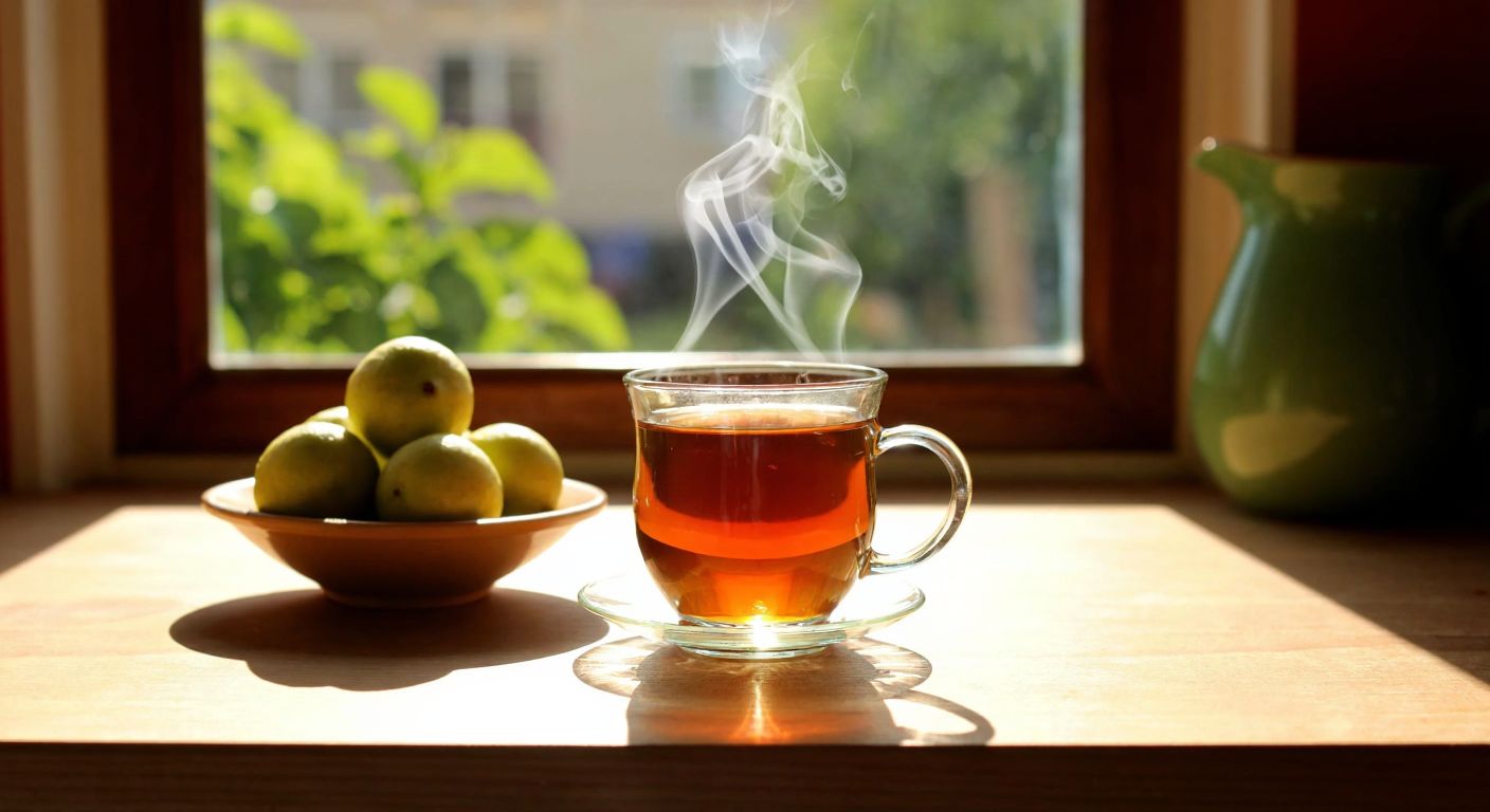 A steaming glass cup of amber-colored bergamot tea sits on a wooden table in a cozy Turkish kitchen, with a bowl of fresh bergamot fruits nearby and sunlight streaming through the window.