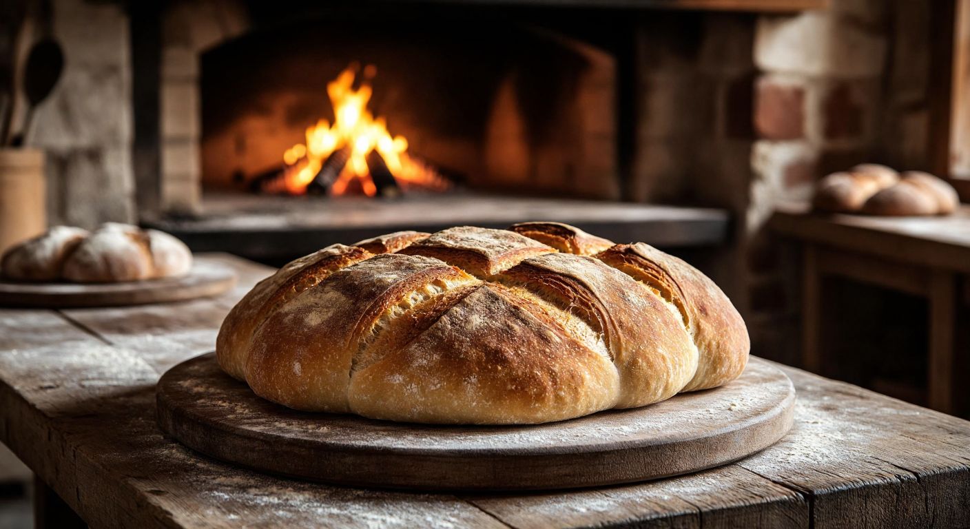 A rustic wooden table holds a freshly baked, golden-brown **çarşı ekmeği** with a crisp crust, its soft interior revealing the coarse texture of **has un**, while a warm bakery scene with flour-dusted surfaces and a traditional brick oven glows in the background.