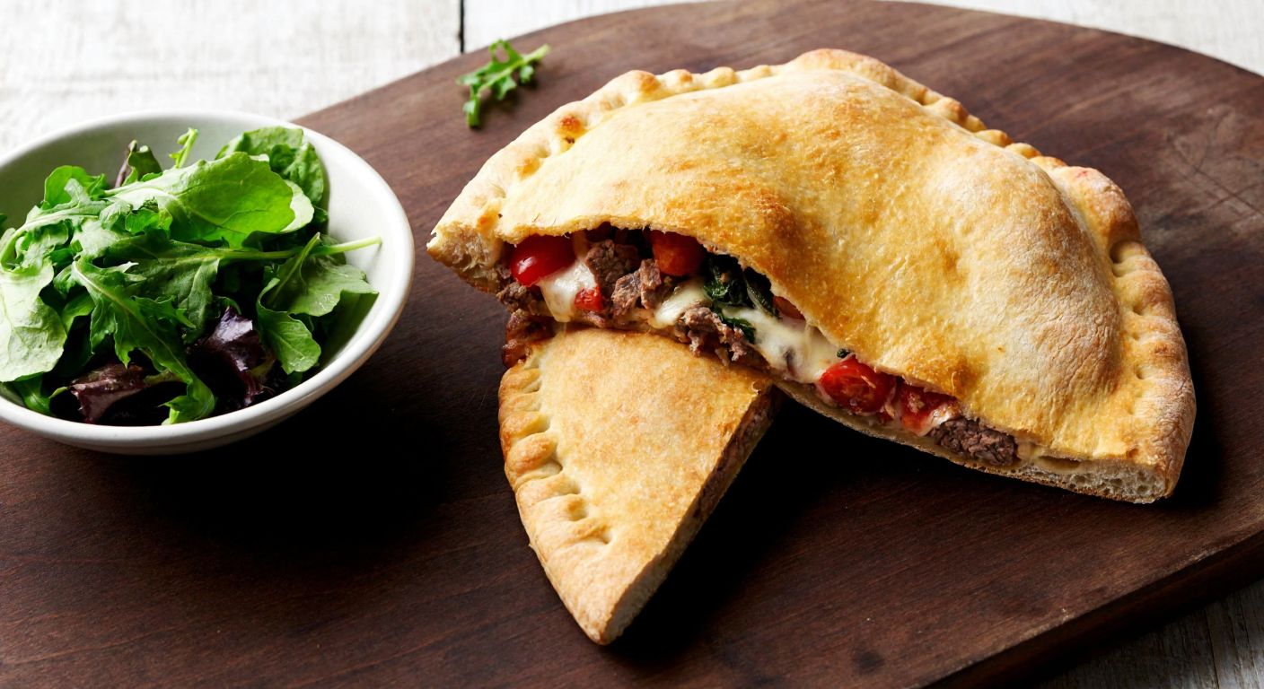 A golden-brown calzone pizza, sliced open to reveal a steaming filling of melted cheese, lean meat, and colorful vegetables, placed on a rustic wooden table beside a small bowl of fresh greens, evoking a balanced and mindful meal.