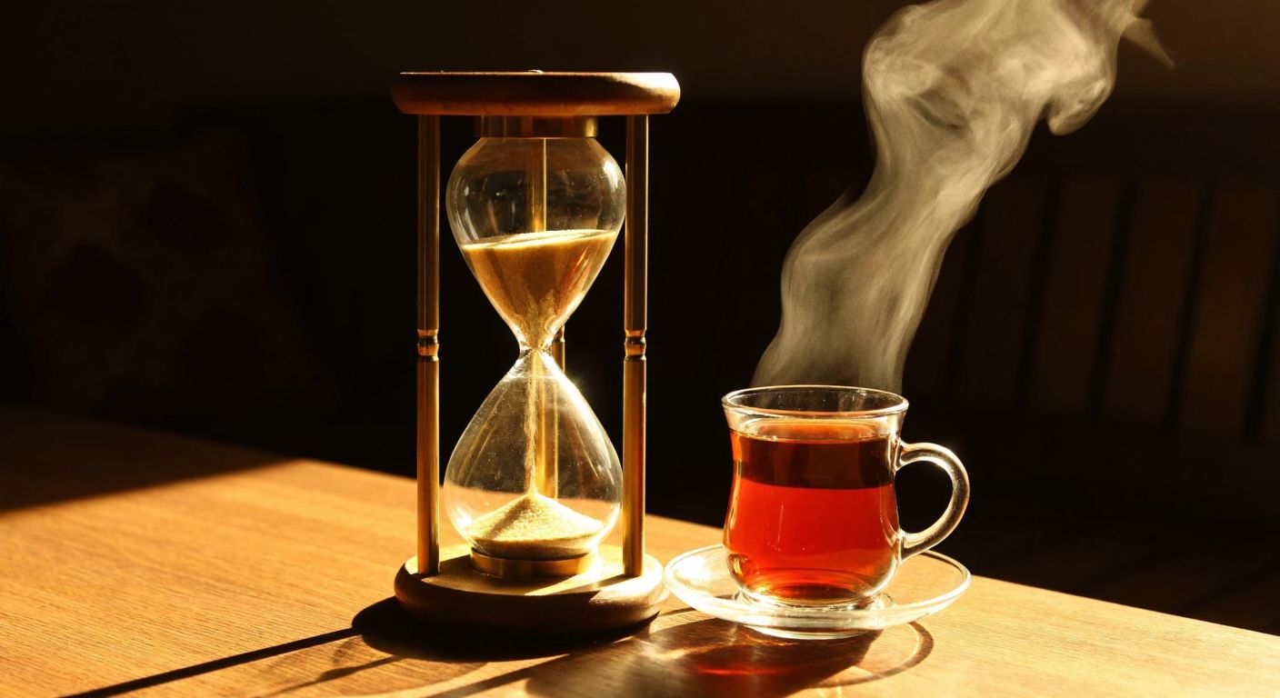 A traditional Turkish hourglass with golden sand flowing steadily, casting warm reflections on a wooden table beside a steaming cup of çay.