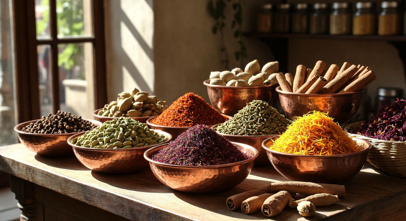 A warm, sunlit Turkish spice market with bundles of cinnamon bark, dried clove buds, green cardamom pods, and vibrant saffron threads arranged in small copper bowls on a wooden table.