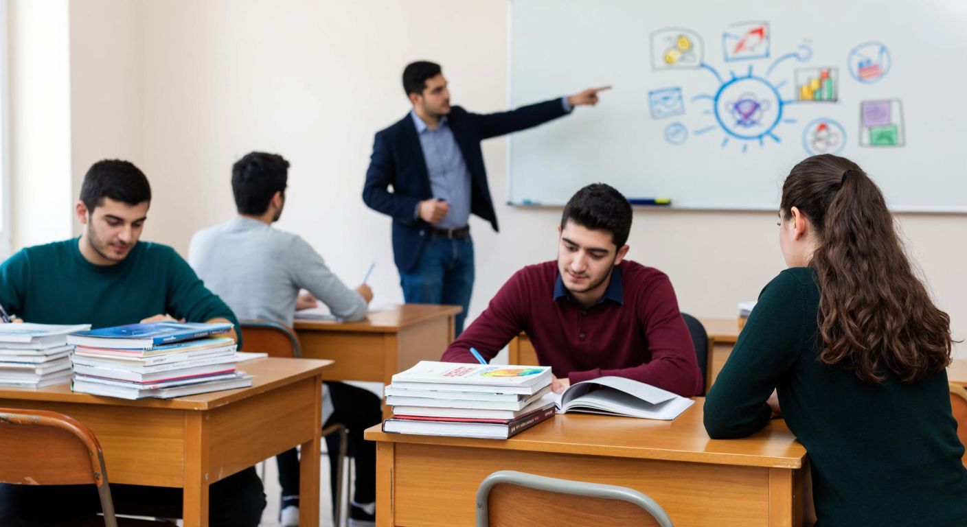 A group of focused Turkish high school students studying at wooden desks in a bright classroom, with stacks of textbooks and a teacher pointing to a whiteboard displaying abstract educational concepts.