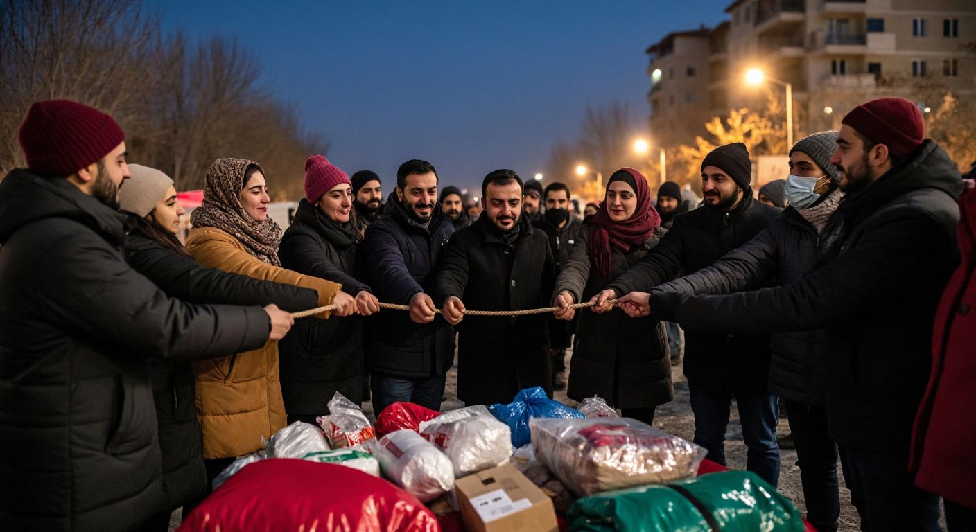 A group of diverse people in Turkey, wearing warm winter clothing, standing together in solidarity under a dimly lit night sky, holding hands and forming a human chain around a pile of relief supplies like blankets, food packages, and medical kits.