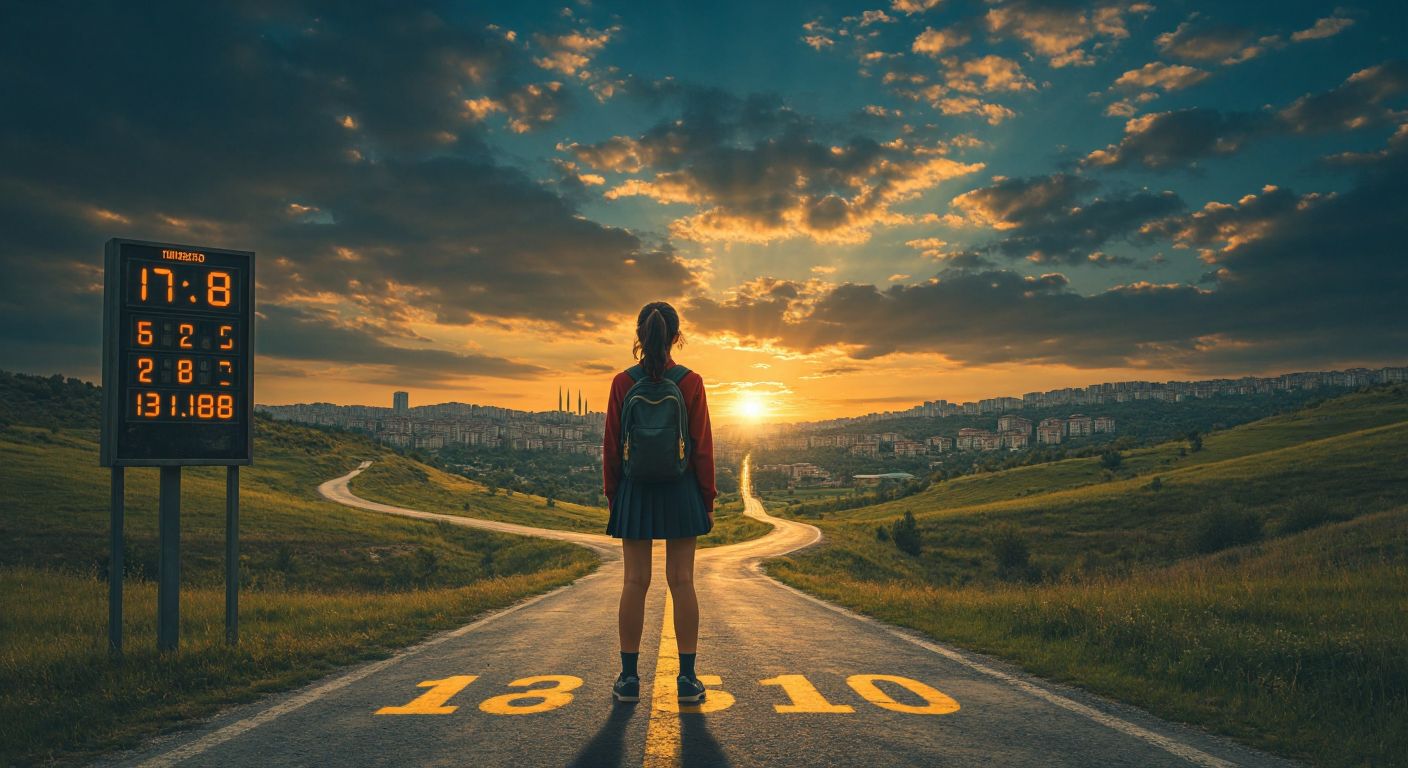 A determined young student in a Turkish high school uniform stands at a crossroads, one path marked by a glowing scoreboard with numbers and the other by a towering leaderboard with rankings, both illuminated under a hopeful sunrise.