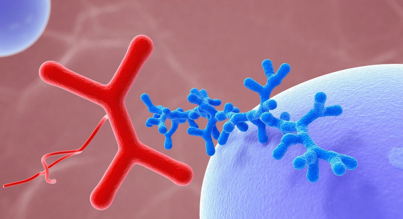 A detailed molecular illustration showing a red, Y-shaped EPO hormone binding to a blue, branching EPOR receptor on the surface of a blood cell, set against a soft pink biological background.