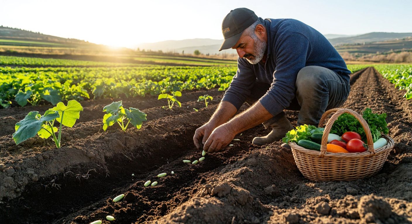 A Turkish farmer in a sunlit field carefully planting cucumber seeds into rich, dark soil during early spring, with a basket of fresh vegetables nearby.