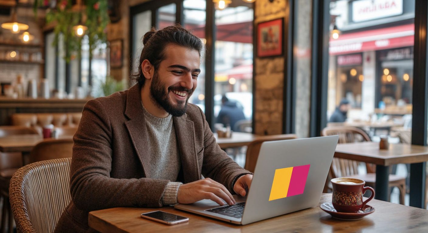 A Turkish designer in a cozy Istanbul café, smiling while using a laptop to customize a vibrant business card with colorful templates, a steaming cup of Turkish coffee beside them.