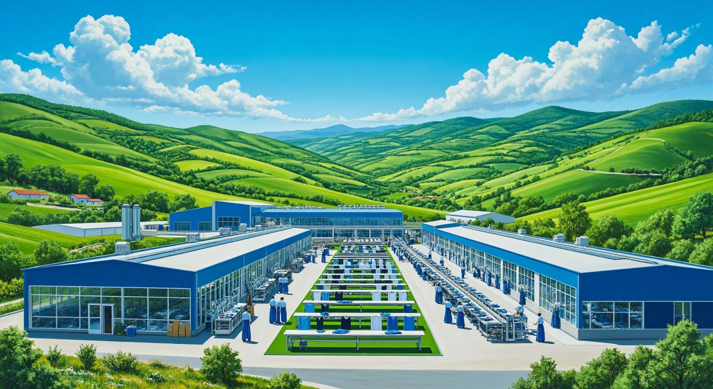 A modern textile factory in Izmir with workers in crisp uniforms assembling high-end clothing, set against a backdrop of rolling green hills under a bright blue sky.