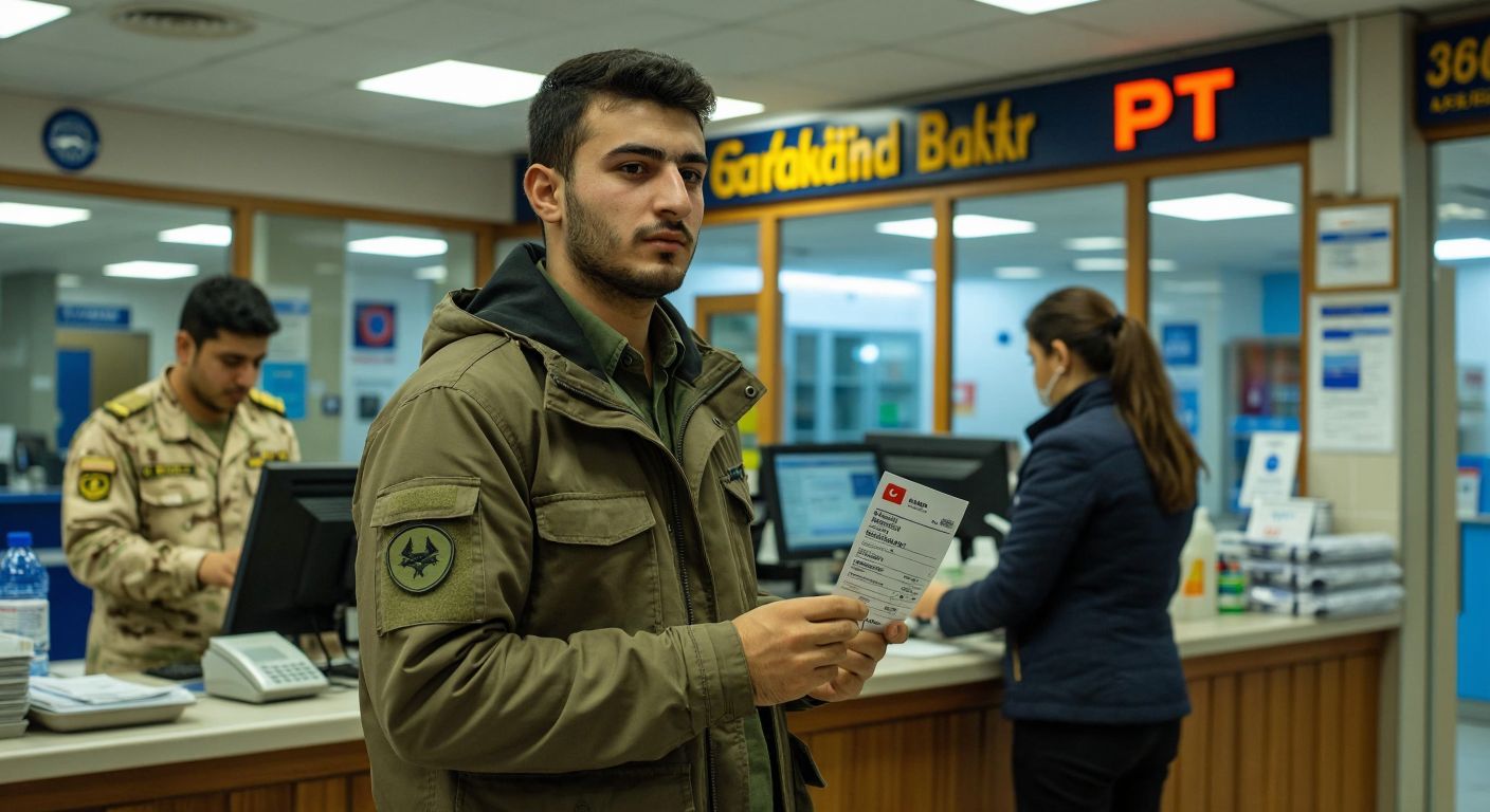 A young Turkish man in civilian clothes stands at a PTT branch counter, holding his military dispatch paper and ID, while a bank employee in uniform checks a computer screen behind the counter.