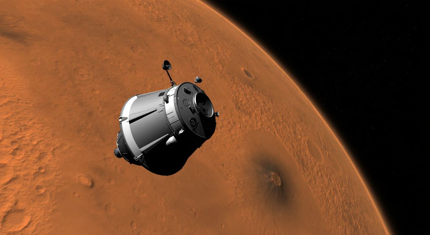 A sleek, silver spacecraft orbits a rust-colored Mars, capturing detailed images of towering volcanoes, winding dry riverbeds, and its two small moons, Phobos and Deimos.
