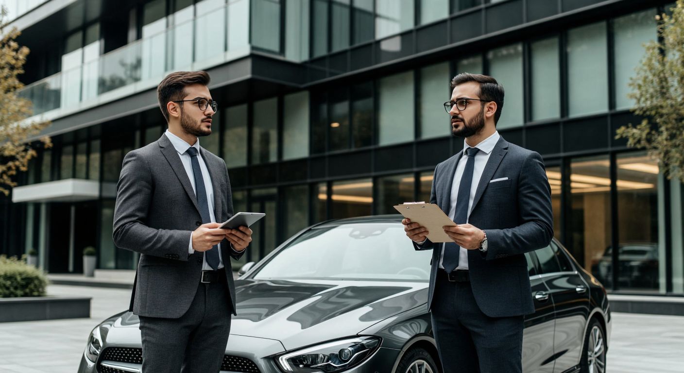 A businessman in a crisp suit stands beside a sleek company car parked outside a modern office building in Istanbul, holding a calculator with a thoughtful expression while a financial advisor in glasses gestures toward a stack of documents.