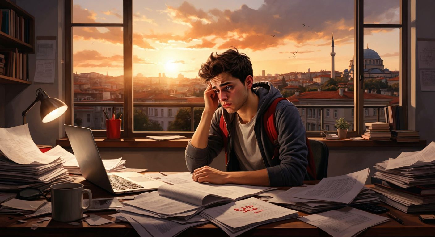 A frustrated young student in Istanbul sits at a cluttered desk with scattered papers and a laptop, staring at a red-marked exam paper with a score below 50, while a distant university building looms outside the window.