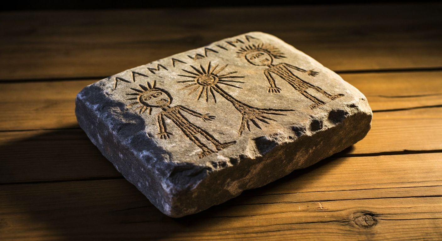 A weathered stone tablet etched with simple, ancient pictograms—a sun, a tree, and a human figure—resting on a wooden table under warm light, evoking the origins of early written communication.  

(Note: The description avoids text, symbols, or cultural specificity since the query and response focus on universal pictographic systems rather than a particular region.)