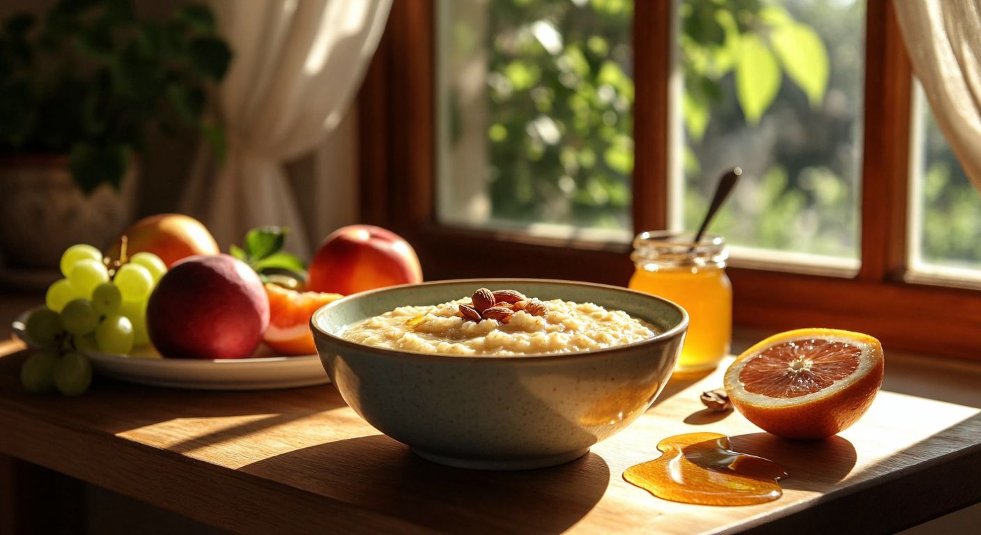 A warm bowl of plain oatmeal sits on a wooden table in a Turkish kitchen, surrounded by fresh fruits and a drizzle of honey nearby, with sunlight streaming through the window.