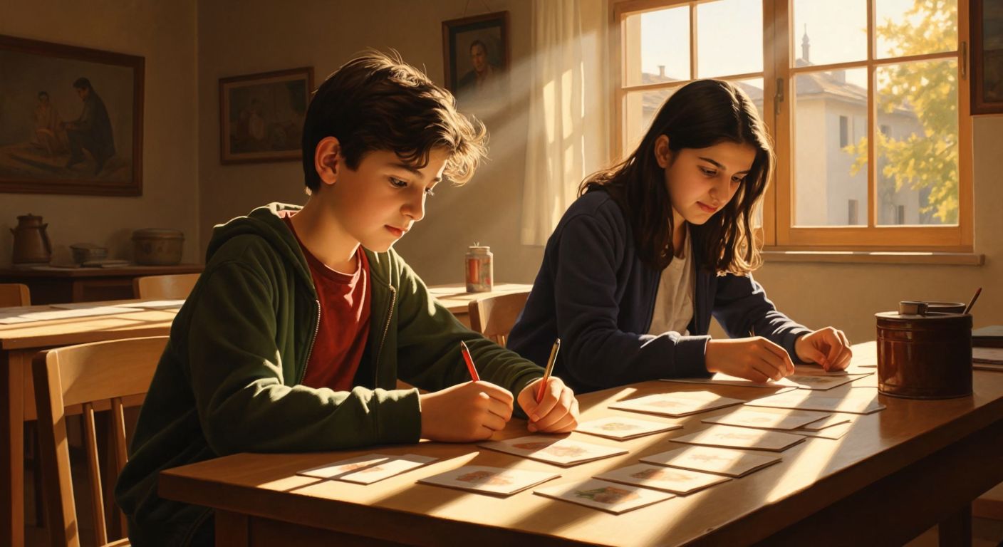 A young Turkish student sitting at a wooden desk in a sunlit classroom, intently practicing speed reading with square-shaped text cards, while a teacher watches encouragingly from the side.