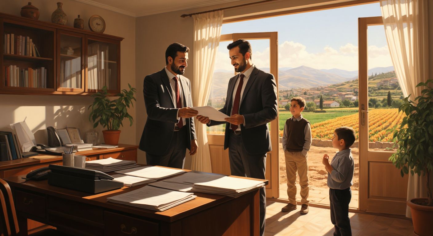 A warm, sunlit office in Turkey with a neatly dressed official handing a document to a grateful teacher, while a family and a farmer wait patiently in the background, symbolizing trust and support.