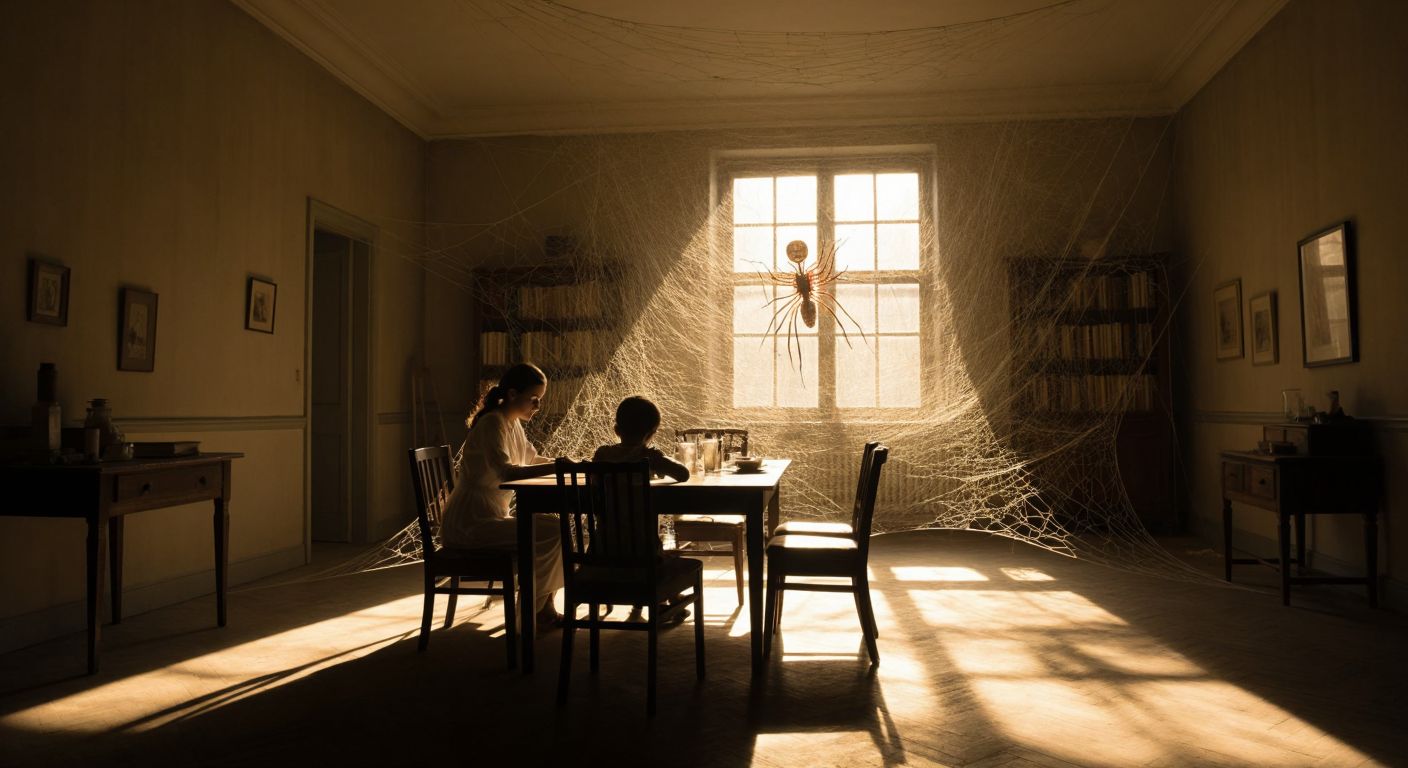 A shadowy, intricate web stretches across a dimly lit room, its threads subtly connecting diverse scenes—a family dining table, a doctor’s office, a factory floor—while a faint glow emanates from a book, symbolizing knowledge intertwined with power.  

(Note: The description avoids explicit cultural context since Foucault’s theory is universal, not tied to Turkey.)