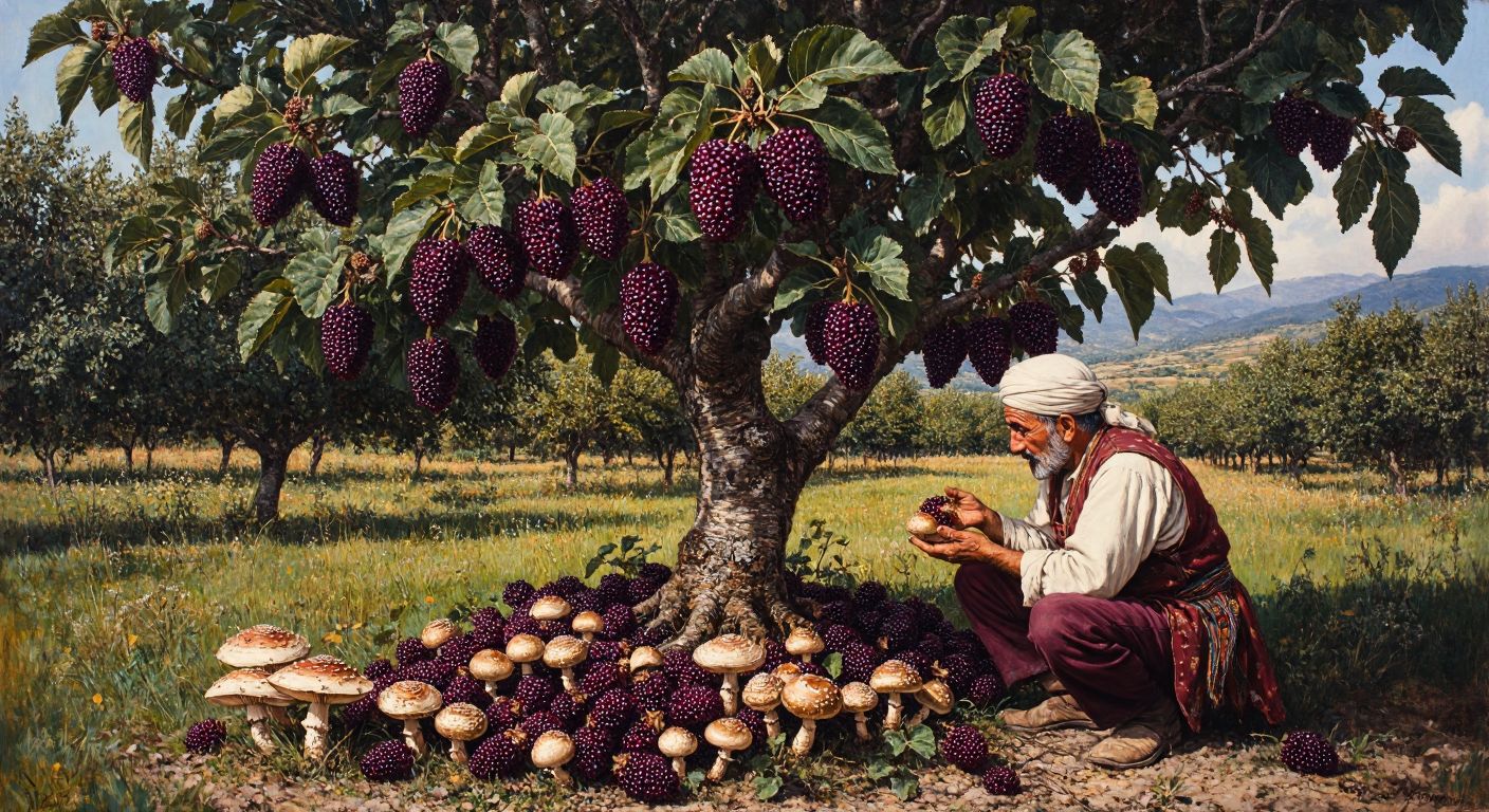 A lush mulberry tree in a Turkish orchard with clusters of ripe purple fruits, surrounded by a mix of edible and poisonous mushrooms growing at its base, while a curious villager in traditional rural attire carefully examines them.