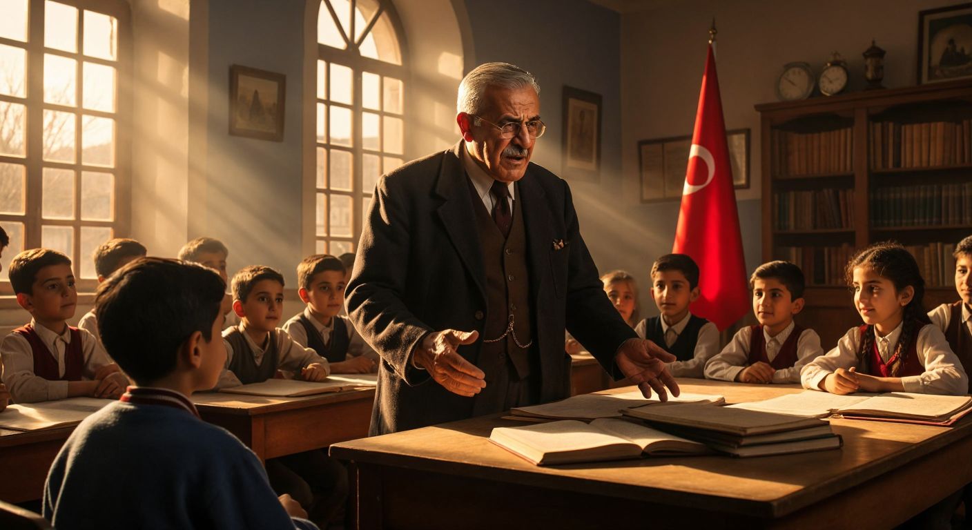 A dignified, elderly Turkish teacher in a sunlit classroom passionately explains civic values to attentive young students, with a worn copy of *Medeni Bilgiler* resting on a wooden desk beside a Turkish flag.