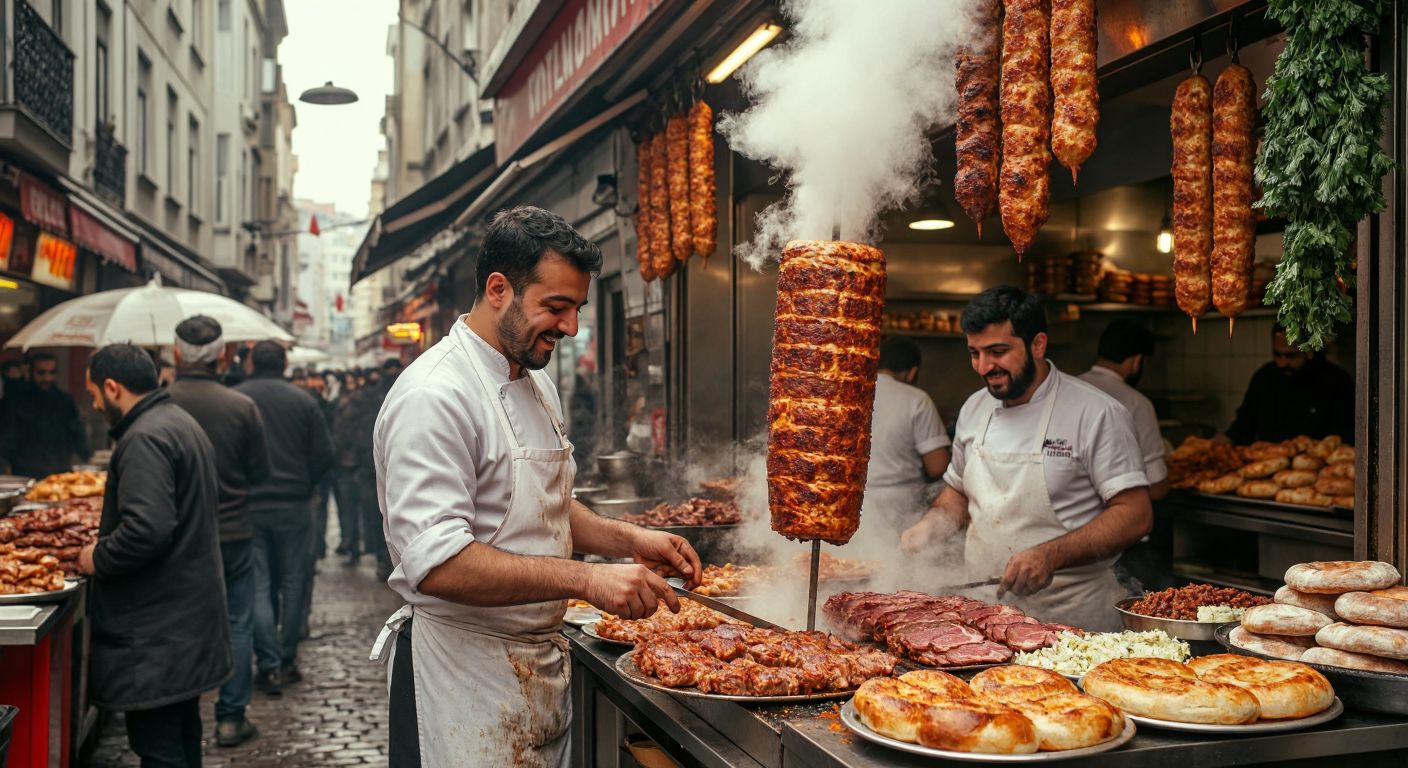 A bustling Istanbul street scene with a vibrant döner shop in the foreground, where golden-brown meat rotates on a vertical spit, steam rising, and a smiling chef in a white apron slices thin layers onto a plate, surrounded by eager customers holding warm, freshly baked bread.