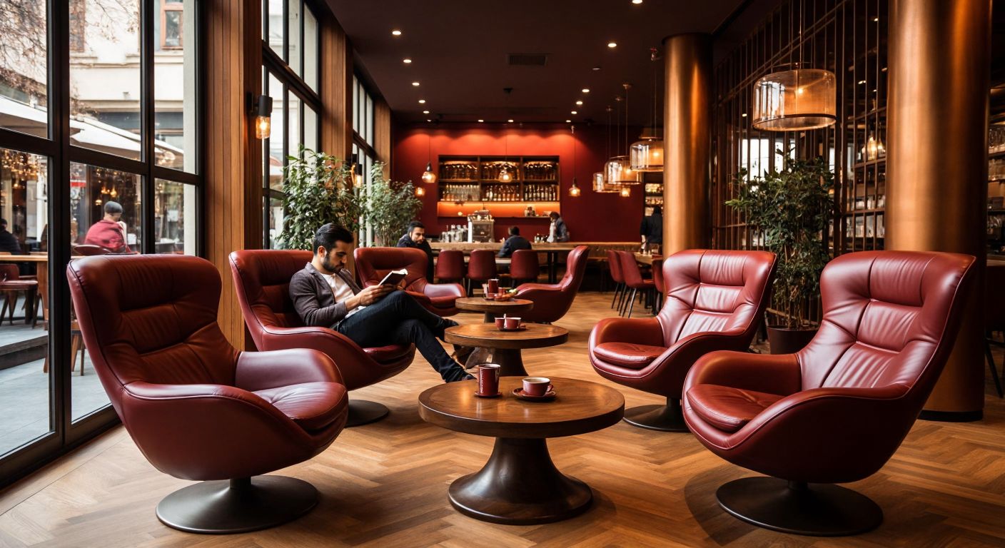 A cozy, modern Turkish café with honey-toned wooden floors and warm lighting, featuring sleek, segmented leather chairs in deep burgundy arranged around low tables, where people sit comfortably, chatting quietly or reading books, their relaxed postures highlighting the chairs' ergonomic design.