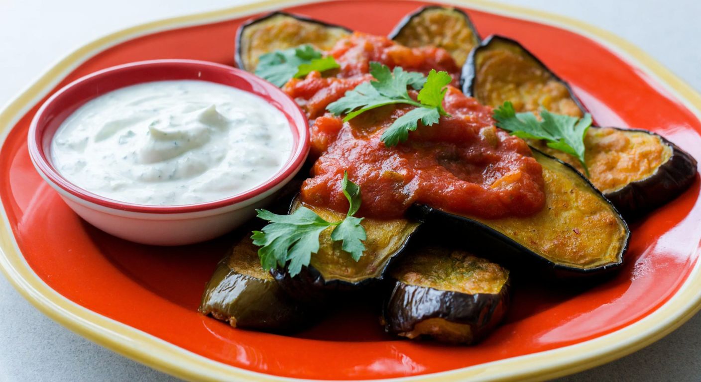 A vibrant ceramic plate holds golden-fried eggplant and peppers topped with a rich tomato sauce, garnished with fresh parsley and served alongside a small bowl of creamy garlic yogurt, evoking the flavors of Turkish meze culture.