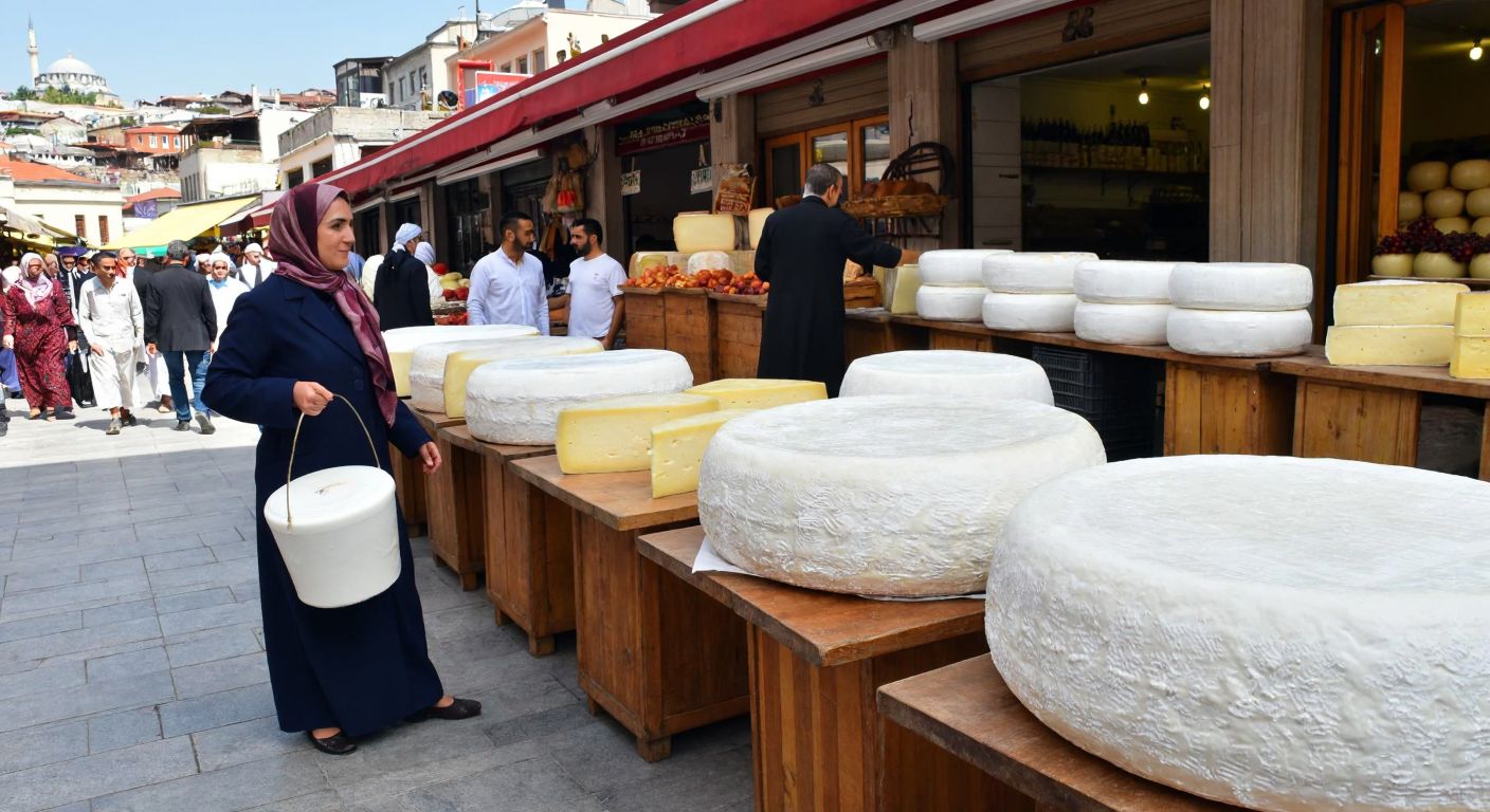 A bustling Turkish marketplace with vendors proudly displaying large wheels of white and yellow cheeses on wooden tables, surrounded by eager shoppers in traditional attire.