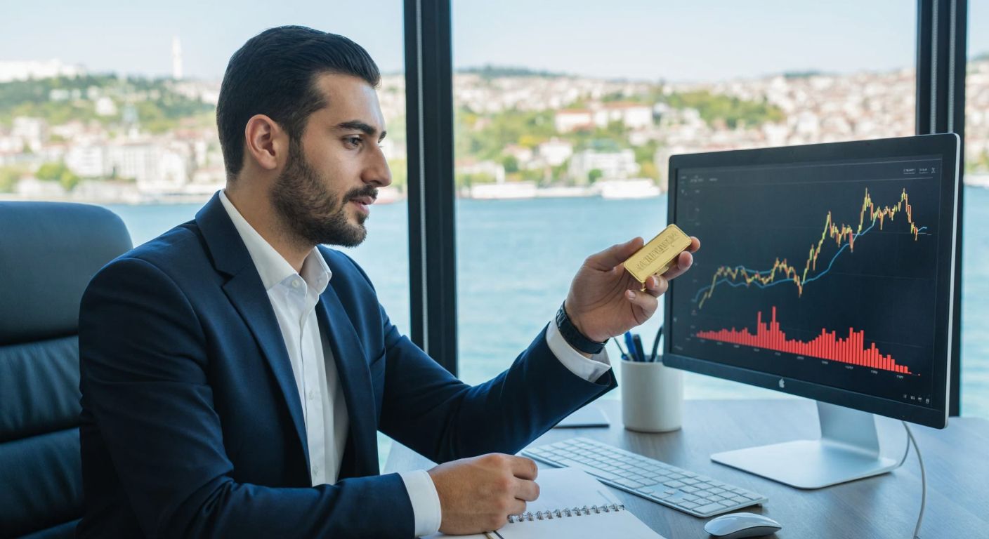 A well-dressed Turkish businessman in a modern office reviews gold price charts on a computer screen while holding a small gold bar, with the Bosphorus visible through the window.