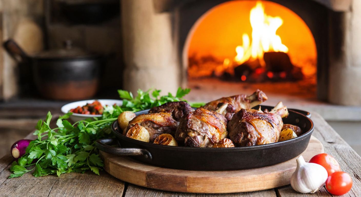 A rustic wooden table in a countryside kitchen holds a sizzling pan of roasted goat meat with golden-brown edges, surrounded by fresh herbs, chopped vegetables, and a clay tandır oven glowing warmly in the background.
