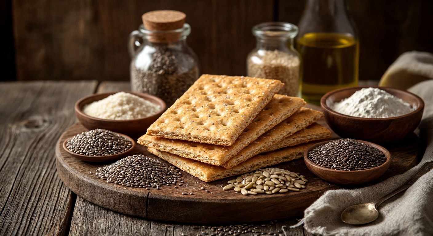 A rustic wooden table in a Turkish kitchen holds a golden-brown Grissuno cracker surrounded by its ingredients: whole wheat flour, chia seeds, flaxseeds, pumpkin seeds, and a small bowl of vegetable oil.