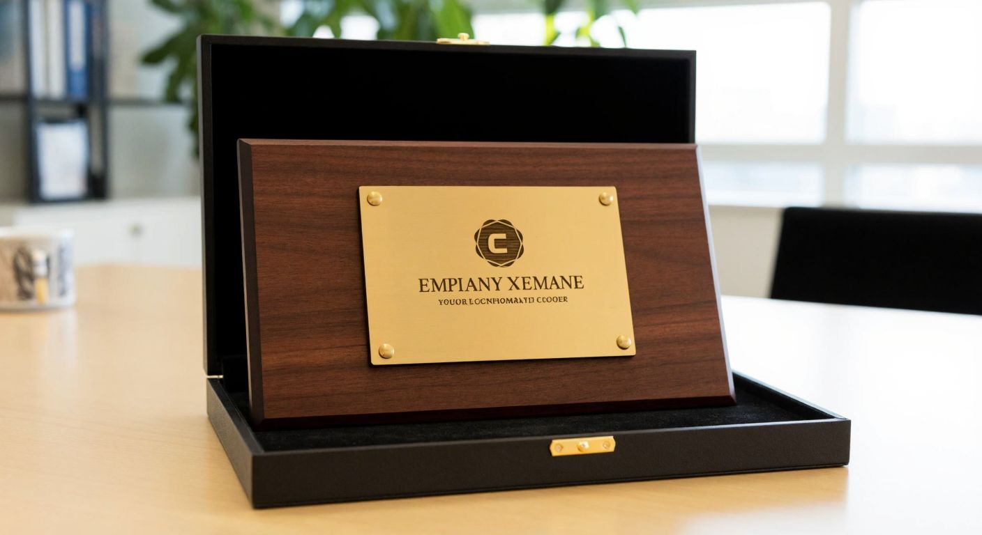 A polished wooden plaque with a sleek gold engraving of a company logo and an employee's name, resting on a velvet-lined presentation box in a well-lit office setting, evoking pride and professionalism.
