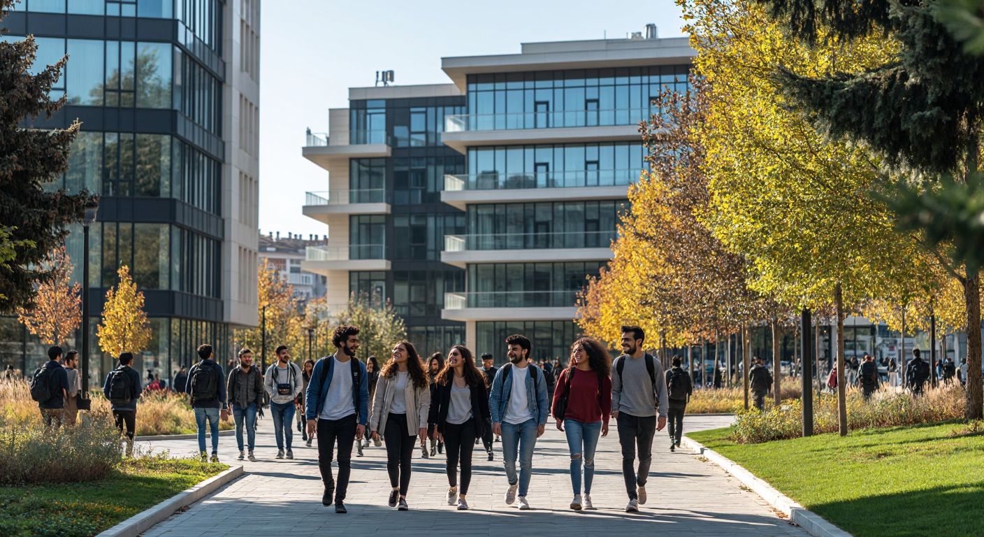 A modern university campus in Istanbul with diverse students walking past a medical research building, some smiling while others look concerned, framed by a mix of lush greenery and bustling city life.