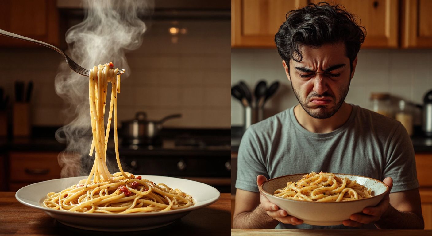A split-image scene: on one side, a steaming plate of perfectly cooked pasta with a fork twirling strands, bathed in warm light; on the other, a frowning person holding a bowl of pasta with visible imperfections, set against a dim kitchen backdrop.  

*(Note: This avoids text, symbols, and technology while contrasting the mixed reviews—quality vs. disappointment—using Turkish pasta as the subject.)*