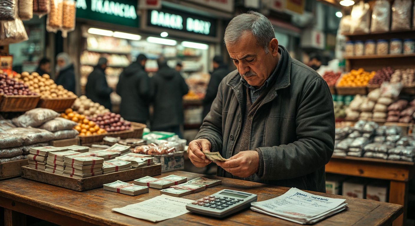A Turkish merchant in a bustling bazaar carefully counting lira bills on a wooden table, with a calculator and a handwritten ledger nearby, while a customer waits patiently with a small stack of goods.
