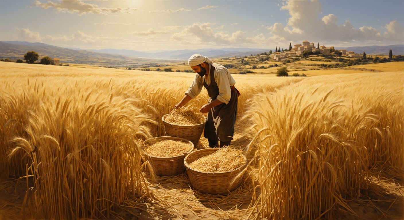 A golden field of rye swaying under the Turkish sun, with a farmer in traditional clothing inspecting the tall stalks, surrounded by baskets filled with harvested grain.