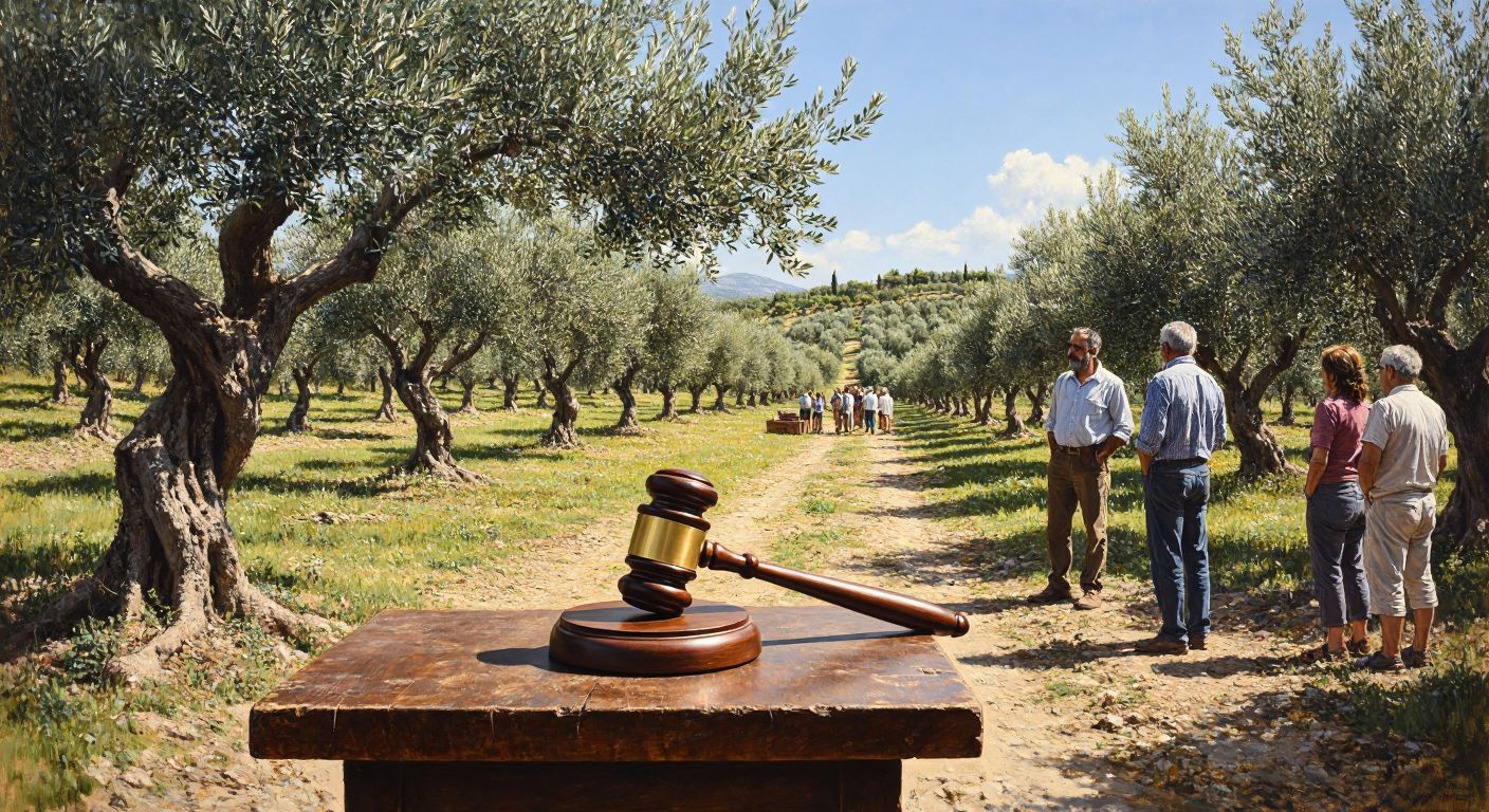 A sunlit olive grove in Turkey with rows of gnarled olive trees, a wooden auctioneer's gavel resting on a rustic table, and a small crowd of interested buyers in casual attire examining the land under a clear blue sky.