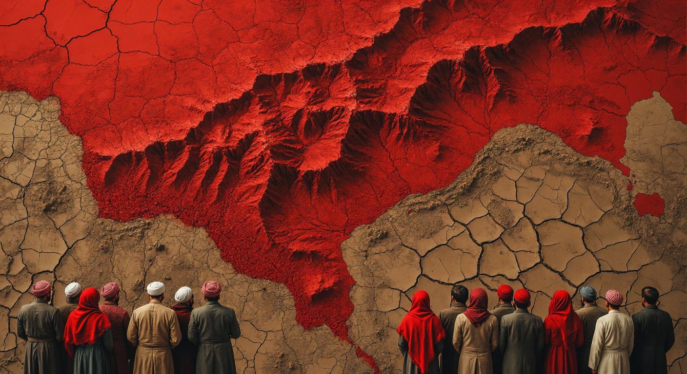 A vivid red map of Turkey with cracked earth beneath it, surrounded by anxious faces of people in traditional Turkish clothing, gazing at the ominous red zones.